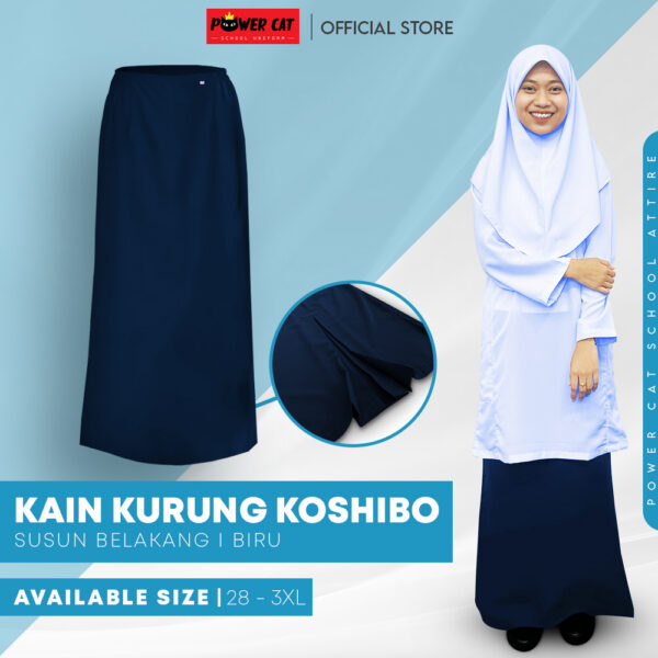 POWER CAT Kain Kurung Sekolah Biru Gelap Koshibo Susun Belakang | Size 28-3XL | Navy Blue School Uniform Kurung Skirt with Zip