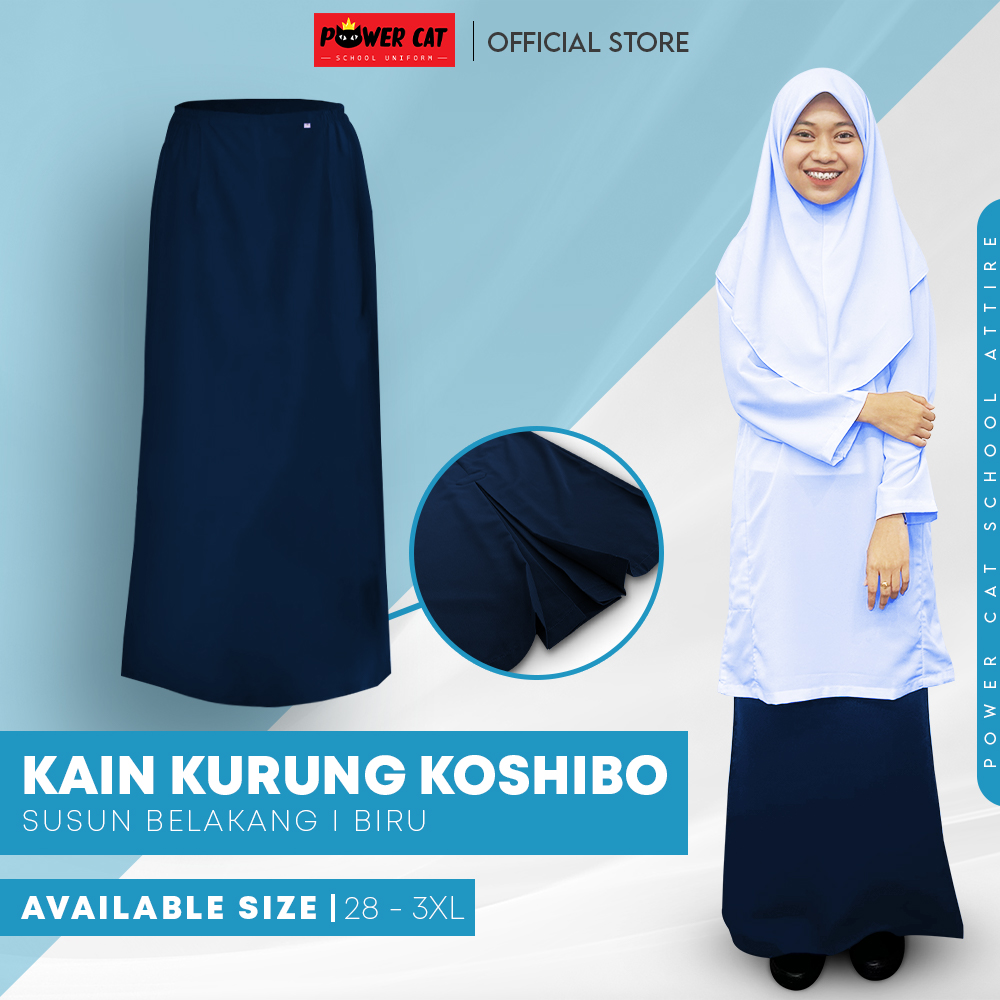 POWER CAT Kain Kurung Sekolah Biru Gelap Koshibo Susun Belakang | Size 28-3XL | Navy Blue School Uniform Kurung Skirt with Zip - Image 1