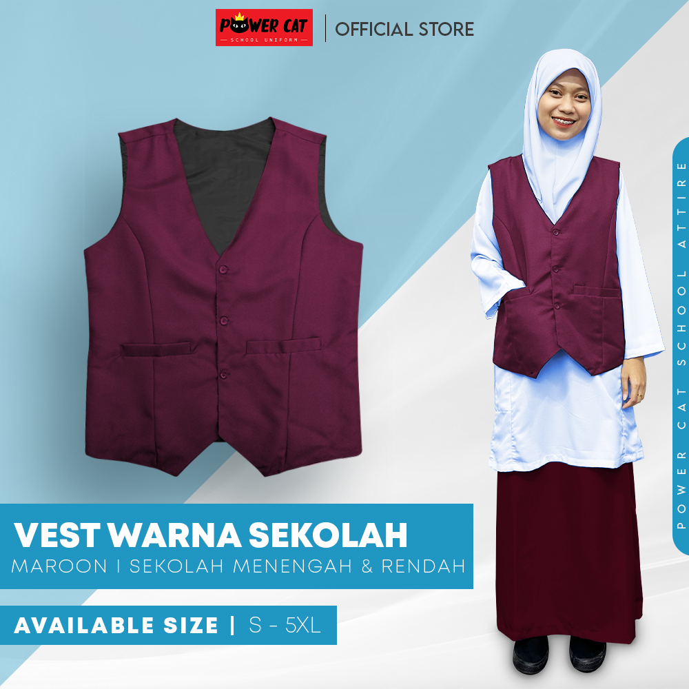 POWER CAT Vest Sekolah 5 Warna Pilihan | Size S-6XL | School Uniform Vest | Black, Navy Blue, Brown, Dark Green, Maroon - Image 11