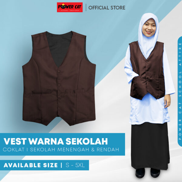 POWER CAT Vest Sekolah Coklat | Size S-6XL | Brown School Uniform Vest