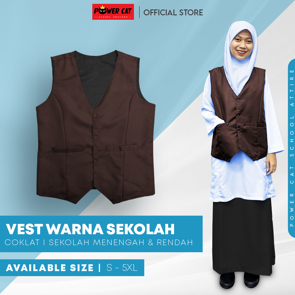 POWER CAT Vest Sekolah Coklat | Size S-6XL | Brown School Uniform Vest - Image 1