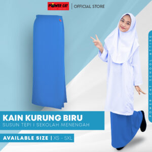 POWER CAT Kain Kurung Sekolah Menengah Biru Licin Susun Tepi | Size XS-5XL | Blue School Uniform Koshibo Kurung Skirt SMK