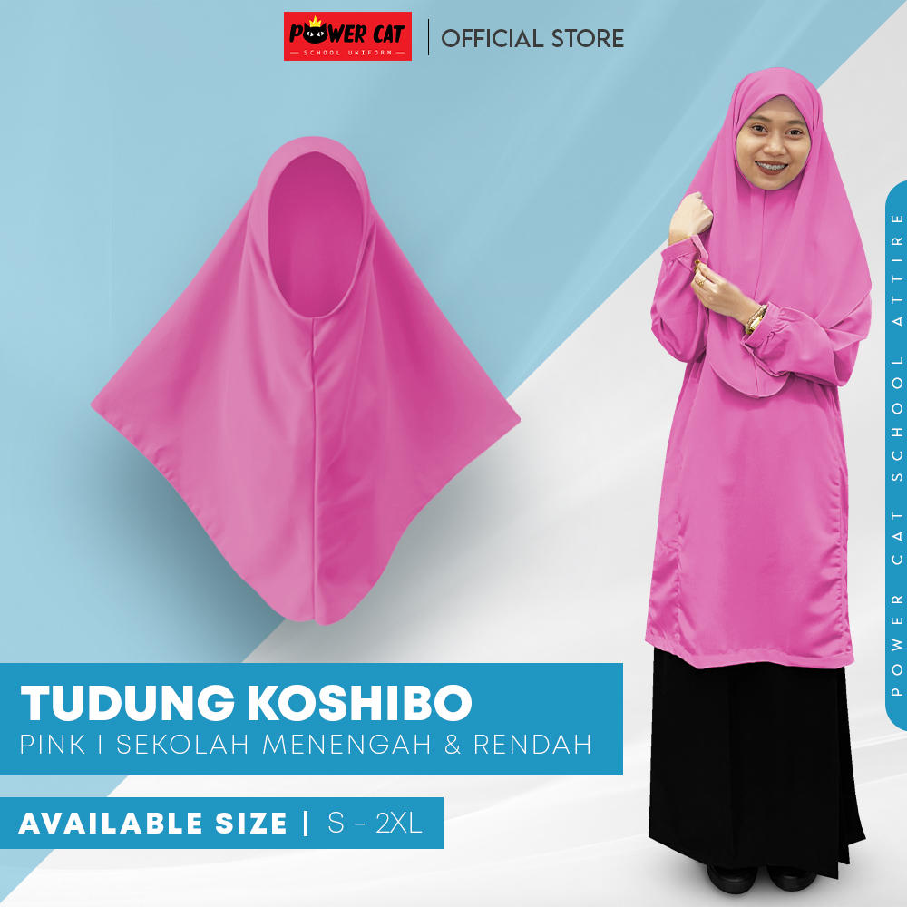 POWER CAT Tudung Sekolah Merah Jambu 2Lapis Licin  | Size S-2XL | Pink Koshibo School Uniform Tudung