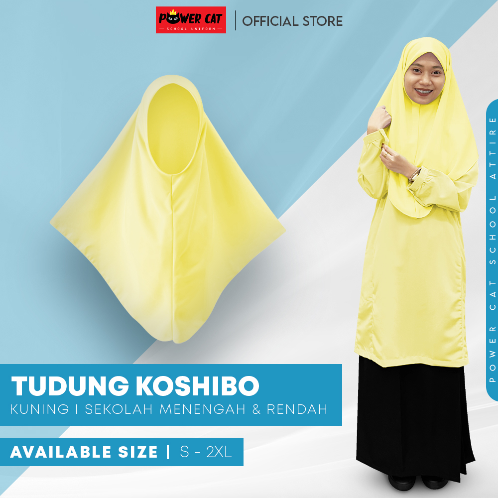 POWER CAT Tudung Sekolah Kuning 2Lapis Licin  | Size S-2XL | Yellow Koshibo School Uniform Tudung