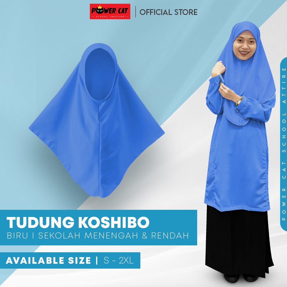 POWER CAT Tudung Sekolah Biru 2Lapis Licin | Size S-2XL | Blue Koshibo School Uniform Tudung