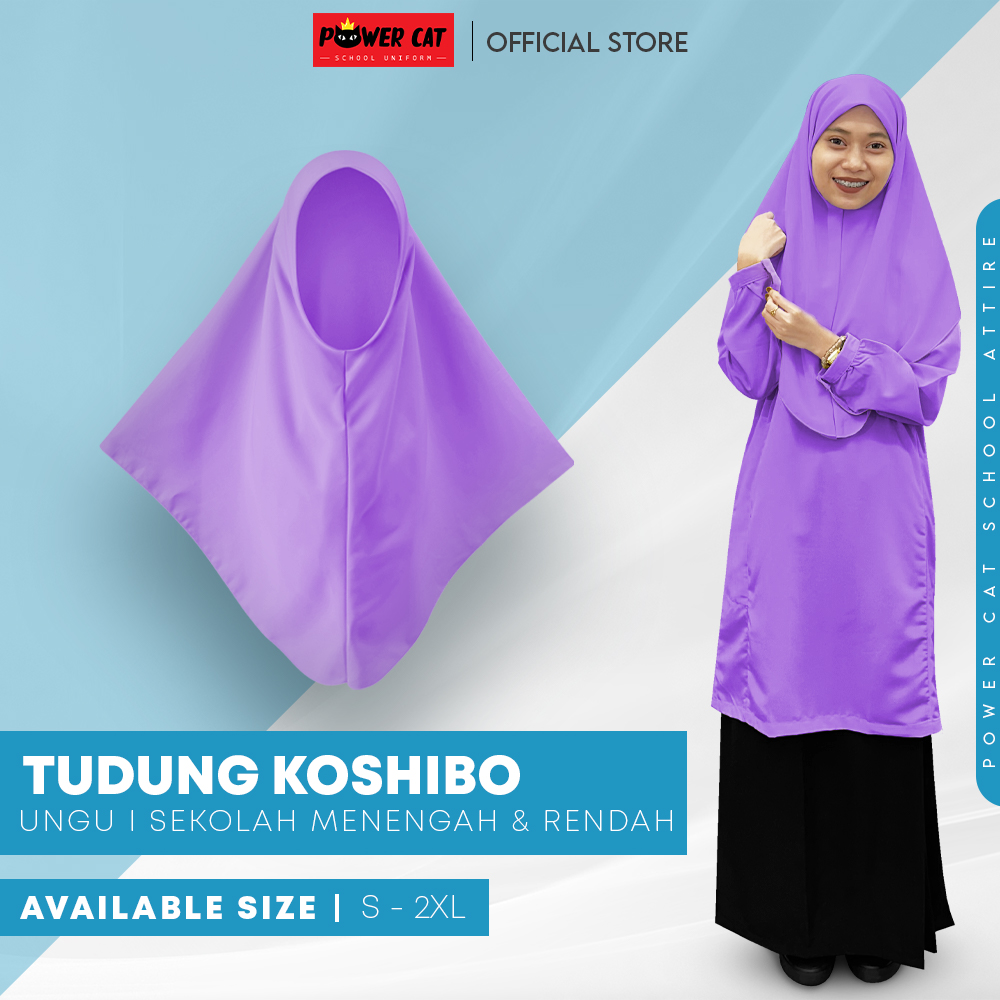POWER CAT Tudung Sekolah Ungu 2Lapis Licin  | Size S-2XL | Purple Koshibo School Uniform Tudung