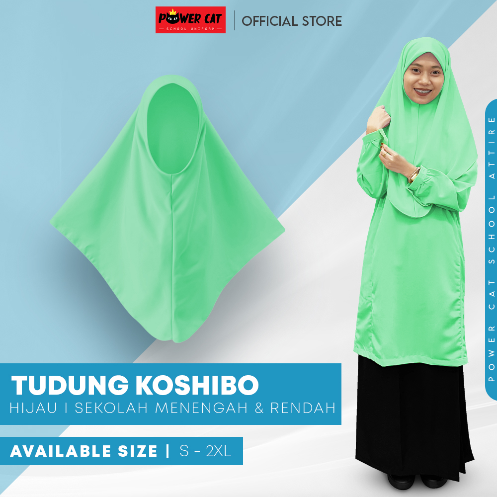 POWER CAT Tudung Sekolah Hijau Muda 2Lapis Licin | Size S-2XL | Green Koshibo School Uniform Tudung