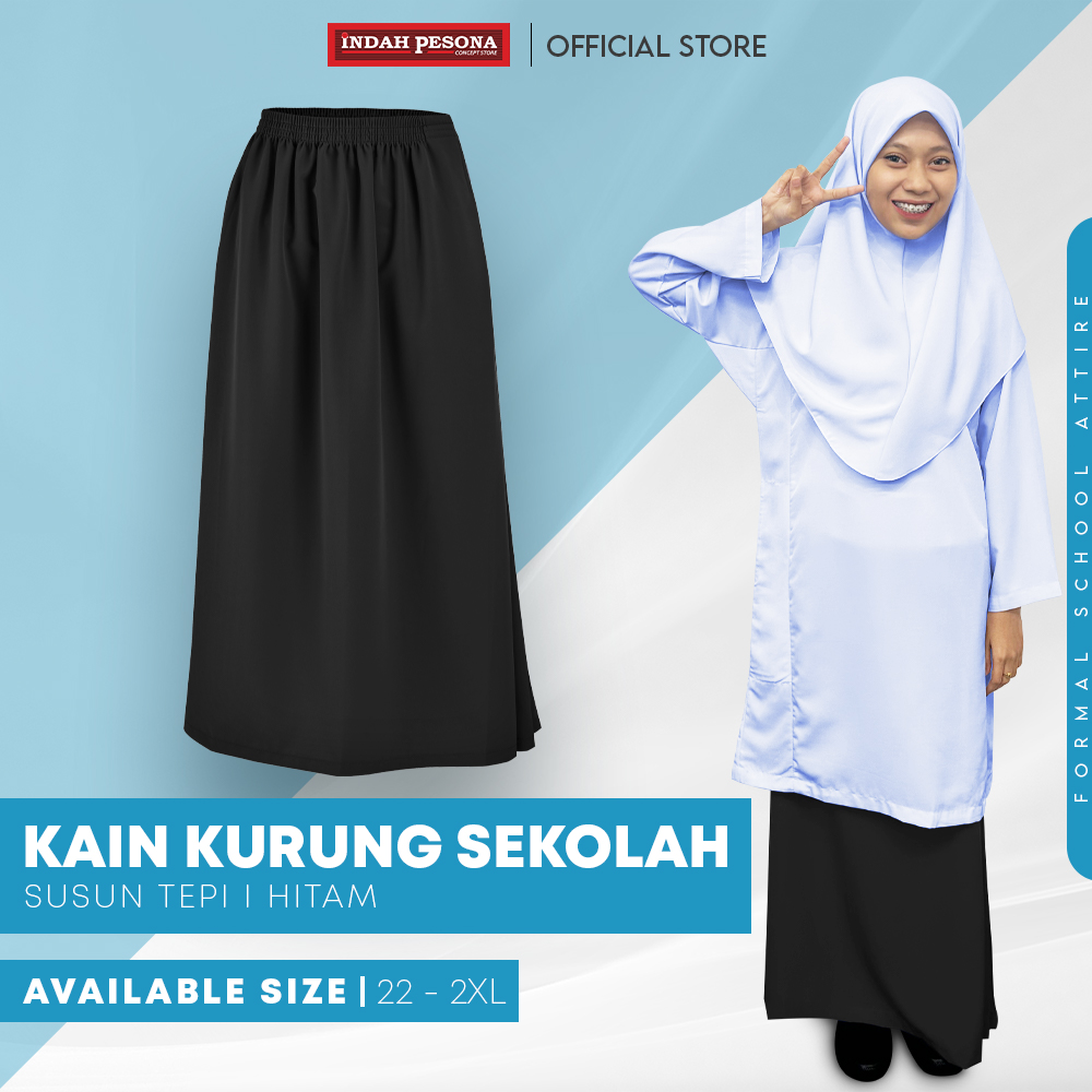 POWER CAT Kain Kurung Sekolah Hitam Licin Susun Tepi | Size 26-2XL | Black School Uniform Koshibo Kurung Skirt - Image 1