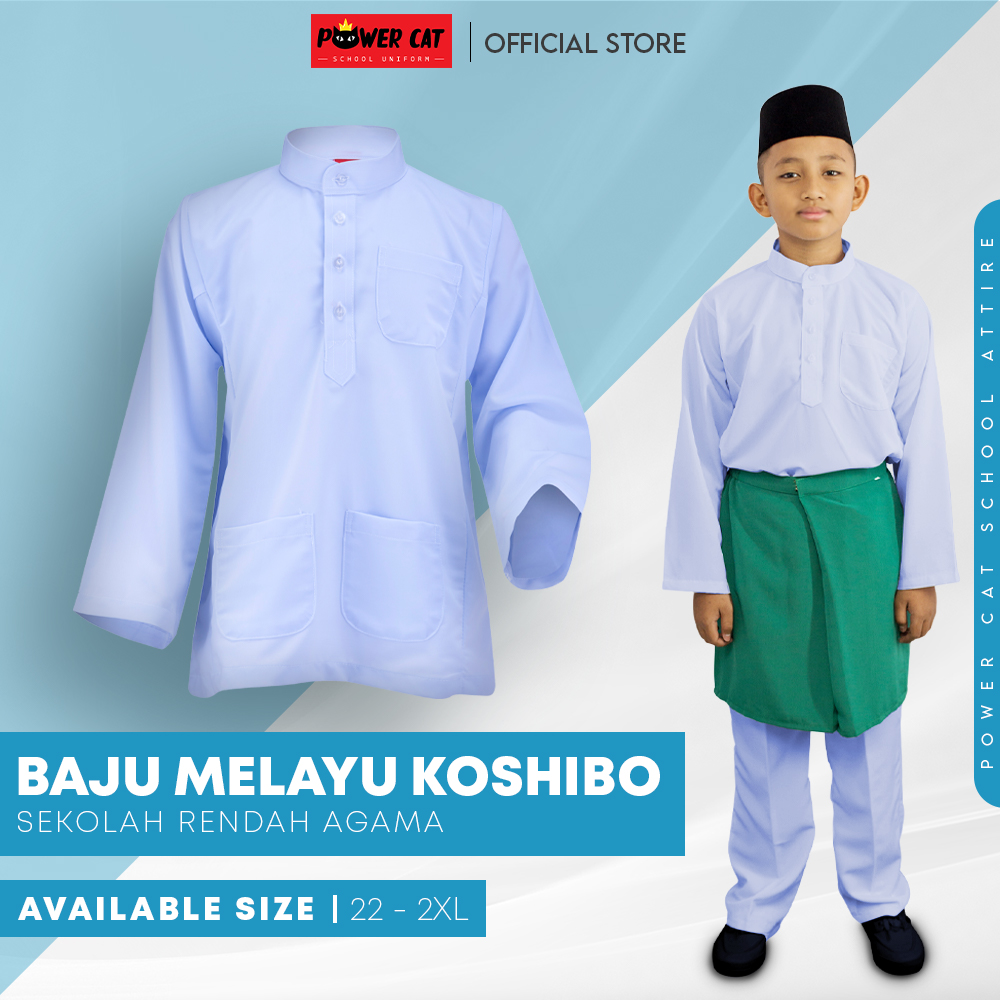 POWER CAT Baju Melayu Sekolah Putih Nila Licin | Size 22-2XL | School Uniform White Nila Baju Melayu Koshibo