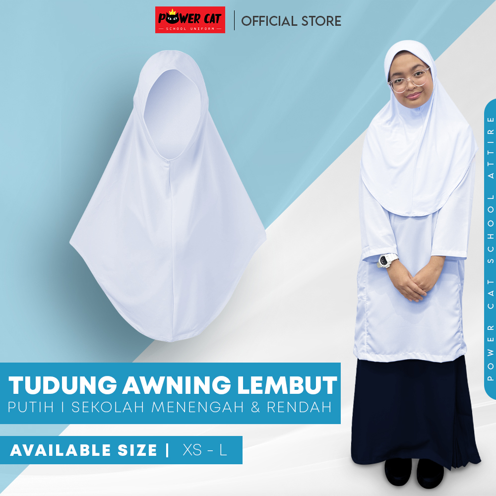 POWER CAT Tudung Sekolah Putih Nila Selapis Owning Lembut | Size XS-L | White Nila School Uniform Tudung