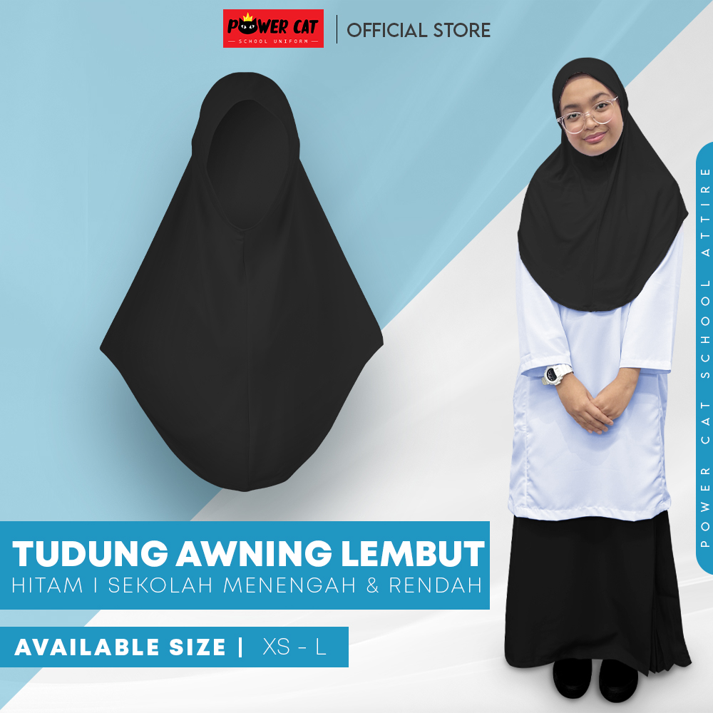 POWER CAT Tudung Sekolah Hitam Selapis Owning Lembut | Size XS-L | Black Colour School Uniform Tudung One Layer