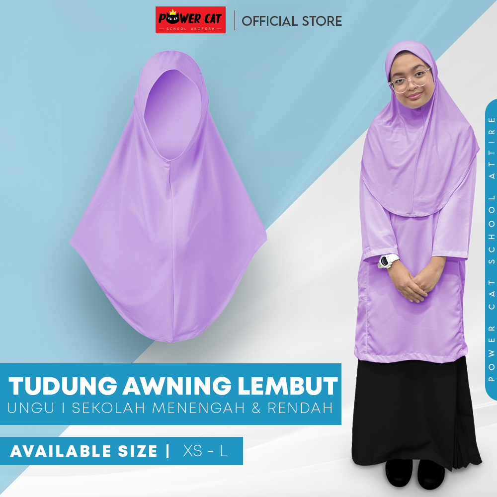 POWER CAT Tudung Sekolah Ungu Selapis Owning Lembut | Size XS-L | Purple Colour School Uniform Tudung One Layer
