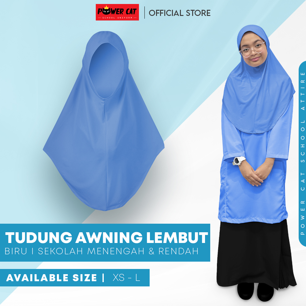 POWER CAT Tudung Sekolah Biru Selapis Owning Lembut | Size XS-L | Blue Colour School Uniform Tudung One Layer