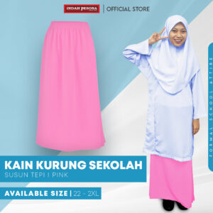 POWER CAT Kain Kurung Sekolah Merah Jambu Licin Susun Tepi | Size 26-2XL | Pink School Uniform Koshibo Kurung Skirt