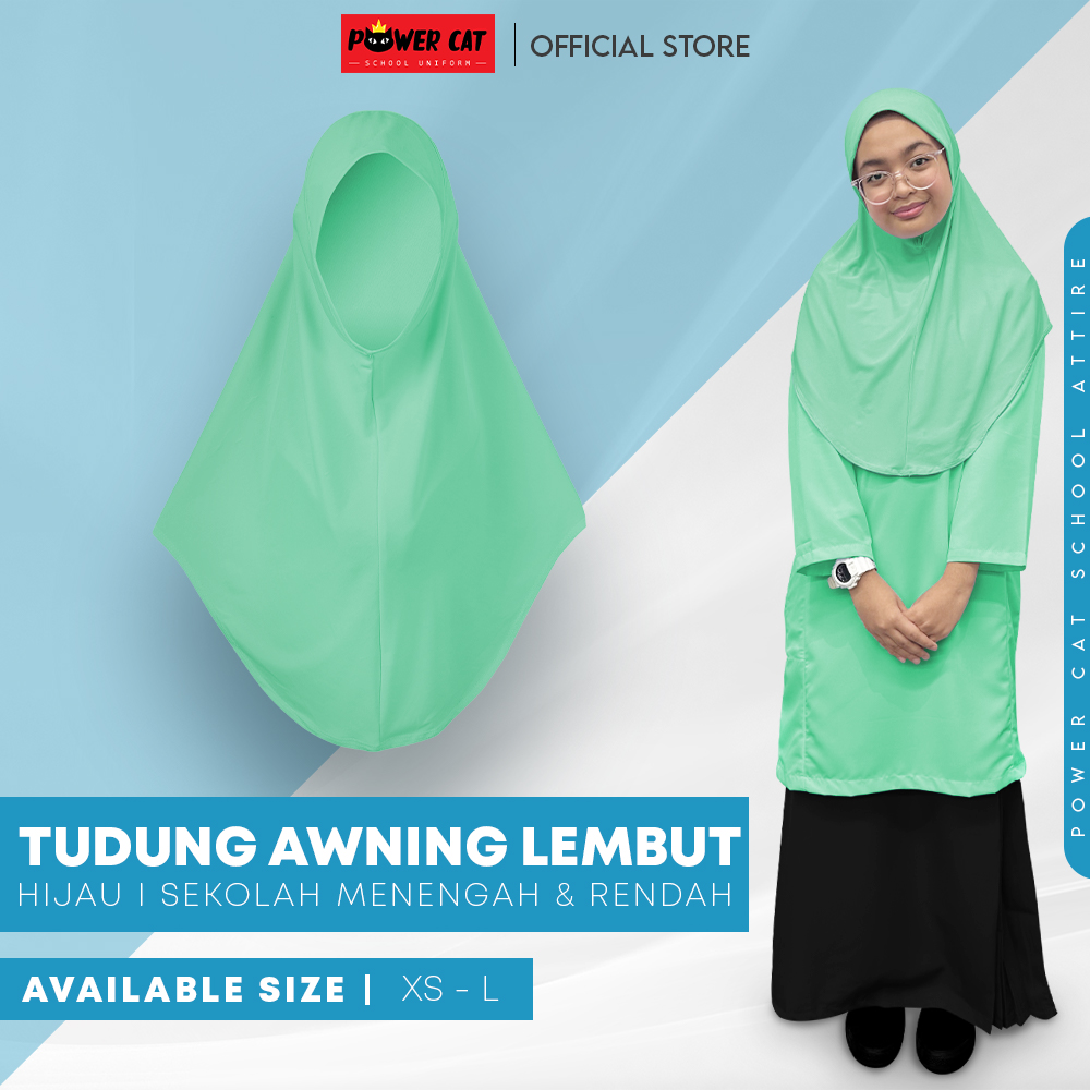 POWER CAT Tudung Sekolah Hijau Muda Selapis Owning Lembut | Size XS-L | Green Colour School Uniform Tudung One Layer