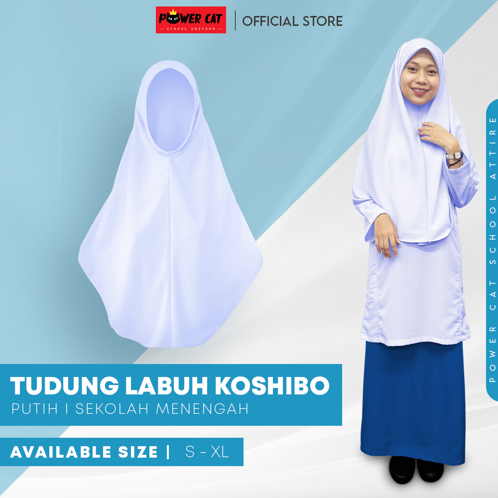 POWER CAT Tudung Putih Labuh 2 Lapis Licin | Size S-XL | White School Uniform Tudung Two Layer | School Hijab
