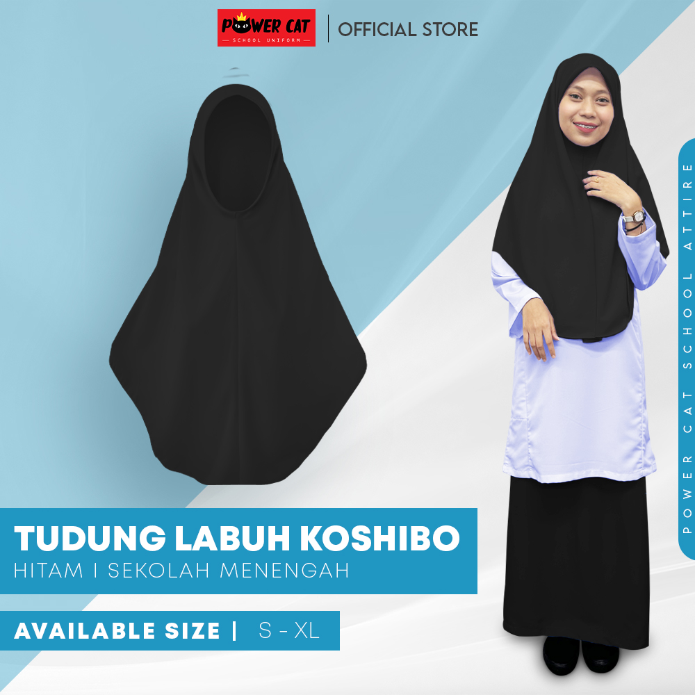 POWER CAT Tudung Hitam Labuh 2 Lapis Licin | Size S-XL | Black School Uniform Tudung Two Layer | School Hijab