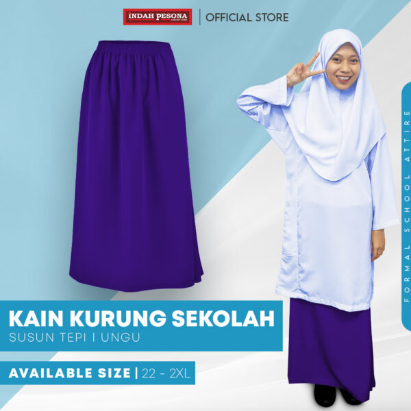 POWER CAT Kain Kurung Sekolah Ungu Licin Susun Tepi | Size 26-2XL | Purple School Uniform Koshibo Kurung Skirt