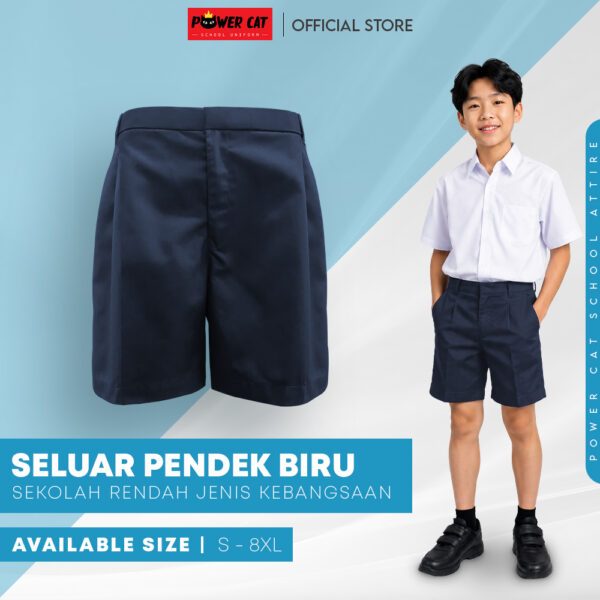 POWER CAT Seluar Pendek Sekolah Biru Gelap SRK | Size M-8XL | Navy Blue School Uniform Short Pants | Seluar Sekolah Rendah Lelaki