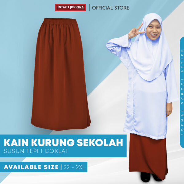 POWER CAT Kain Kurung Sekolah Coklat Licin Susun Tepi | Size 26-2XL | Brown School Uniform Koshibo Kurung Skirt