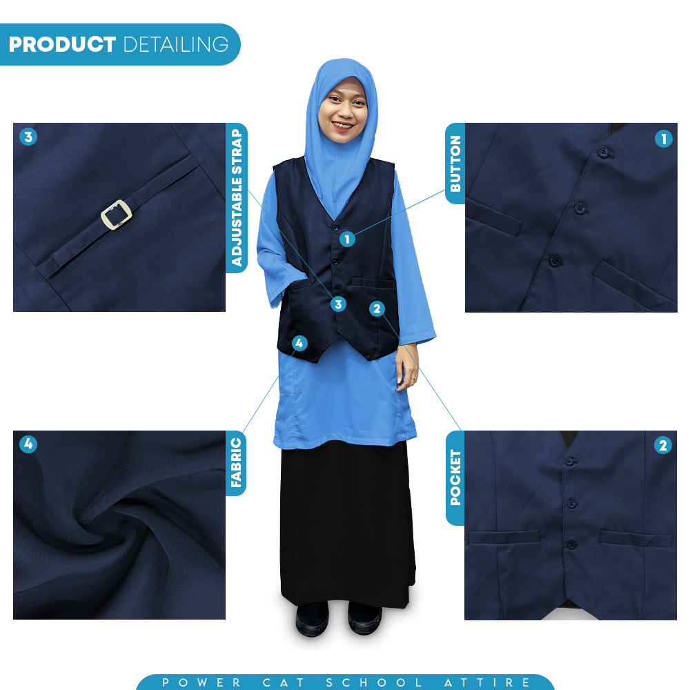 POWER CAT Vest Sekolah Biru Gelap | Size S-6XL | Navy Blue School Uniform Vest - Image 5