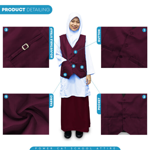 POWER CAT Vest Sekolah Merun | Size S-6XL | Maroon School Uniform Vest