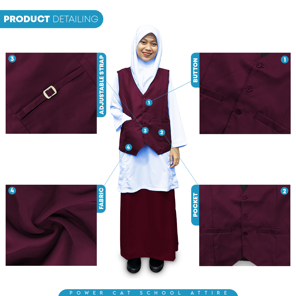 POWER CAT Vest Sekolah Merun | Size S-6XL | Maroon School Uniform Vest - Image 5