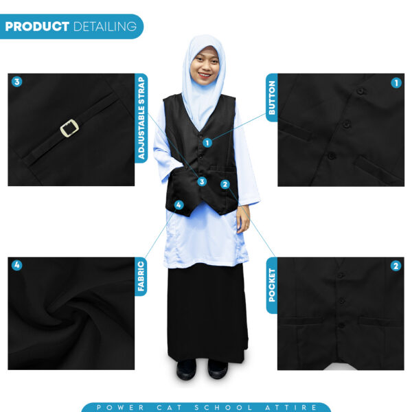 POWER CAT Vest Sekolah Hitam | Size S-6XL | Black School Uniform Vest