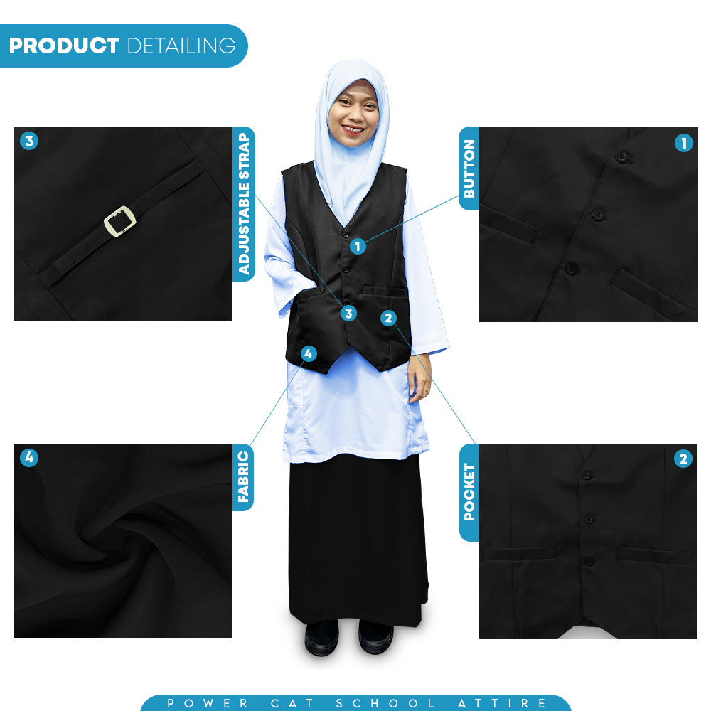 POWER CAT Vest Sekolah Hitam | Size S-6XL | Black School Uniform Vest - Image 5
