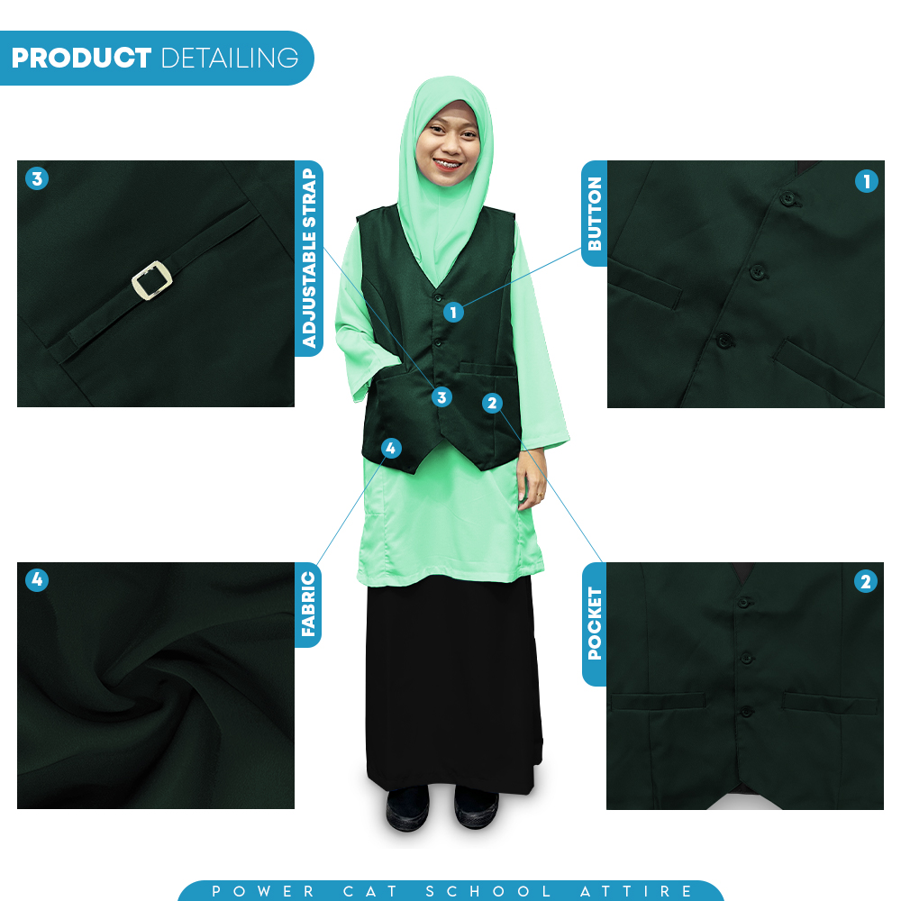 POWER CAT Vest Sekolah Hijau Tua | Size S-6XL | Dark Green School Uniform Vest - Image 5