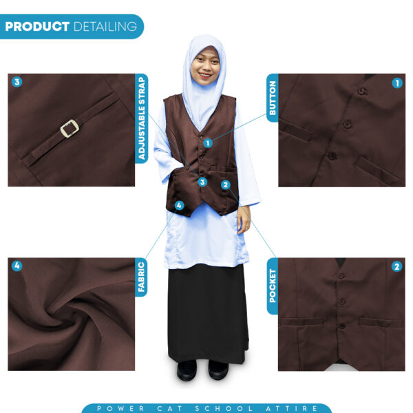 POWER CAT Vest Sekolah Coklat | Size S-6XL | Brown School Uniform Vest