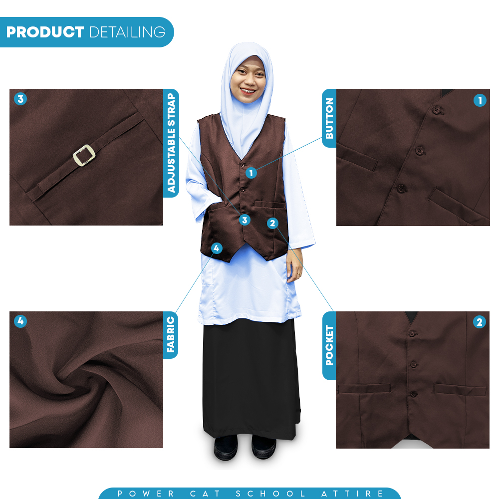 POWER CAT Vest Sekolah Coklat | Size S-6XL | Brown School Uniform Vest - Image 5