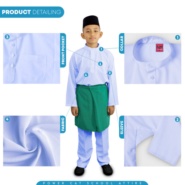 POWER CAT Baju Melayu Sekolah Putih Nila Licin | Size 22-3XL | School Uniform White Nila Baju Melayu Koshibo