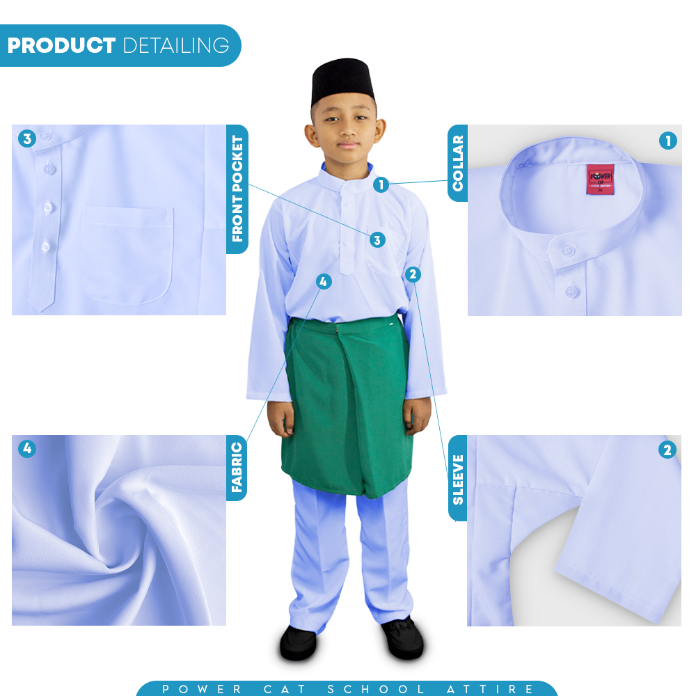 POWER CAT Baju Melayu Sekolah Putih Nila Licin | Size 22-3XL | School Uniform White Nila Baju Melayu Koshibo - Image 4