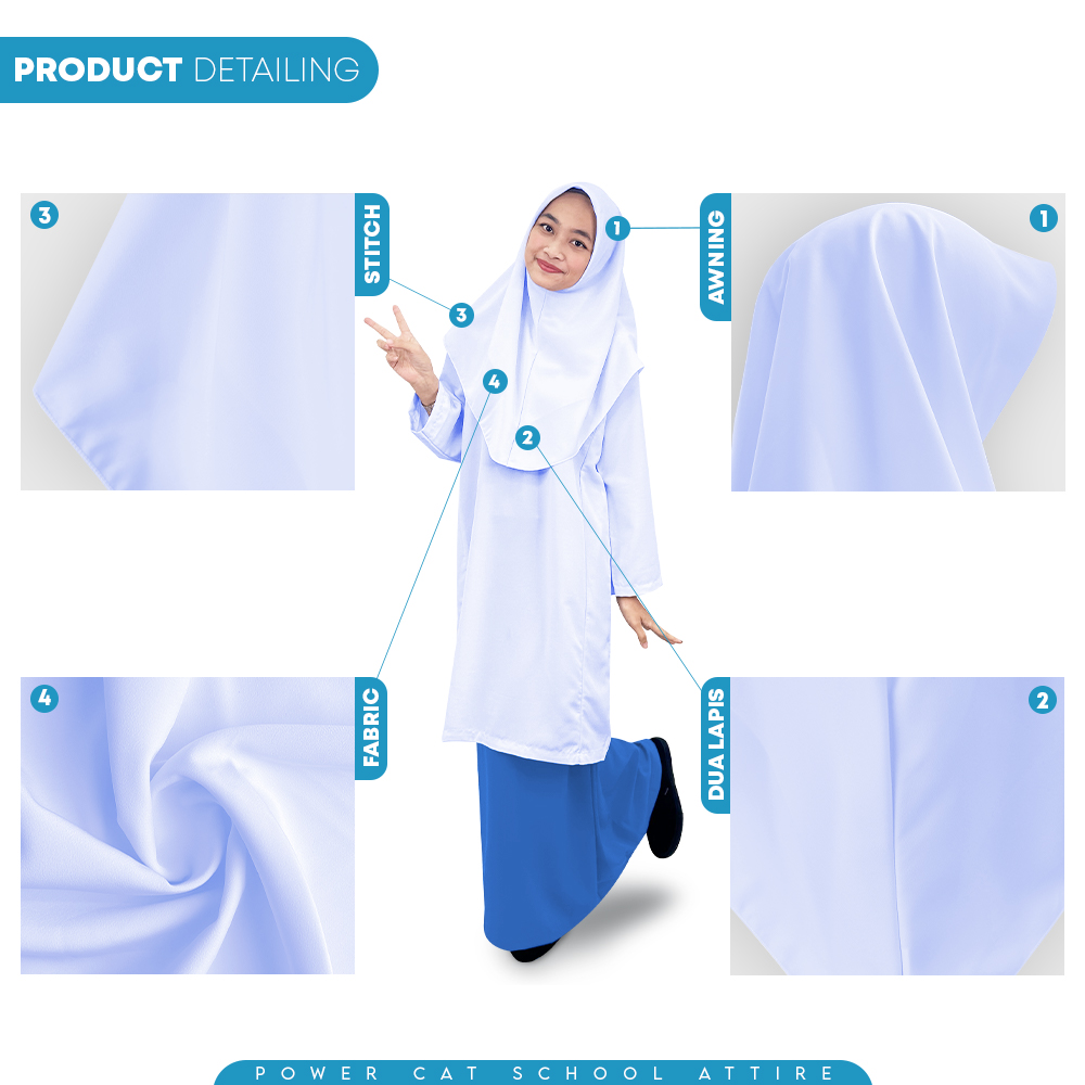 POWER CAT Tudung Sekolah Putih Nila 2 Lapis Licin | Size S-2XL | White Nila Koshibo School Uniform Tudung