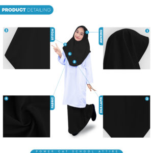 POWER CAT Tudung Sekolah Hitam 2Lapis Licin  | Size S-2XL | Black Koshibo School Uniform Tudung - Image 5