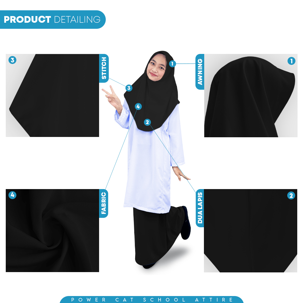 POWER CAT Tudung Sekolah Hitam 2Lapis Licin  | Size S-2XL | Black Koshibo School Uniform Tudung
