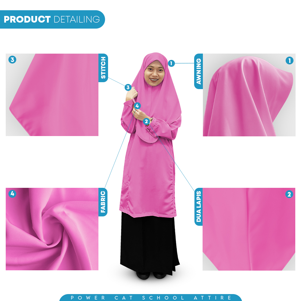 POWER CAT Tudung Sekolah Merah Jambu 2Lapis Licin  | Size S-2XL | Pink Koshibo School Uniform Tudung