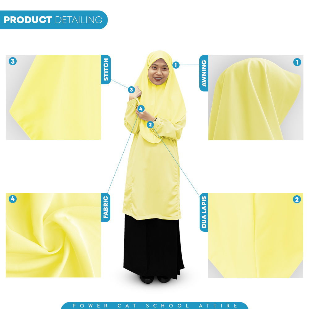 POWER CAT Tudung Sekolah Kuning 2Lapis Licin | Size S-2XL | Yellow Koshibo School Uniform Tudung