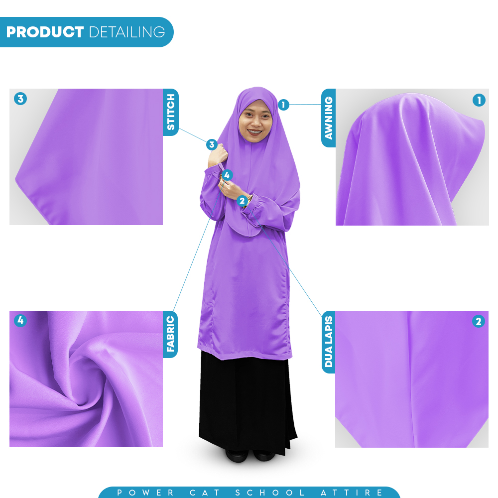 POWER CAT Tudung Sekolah Ungu 2Lapis Licin  | Size S-2XL | Purple Koshibo School Uniform Tudung