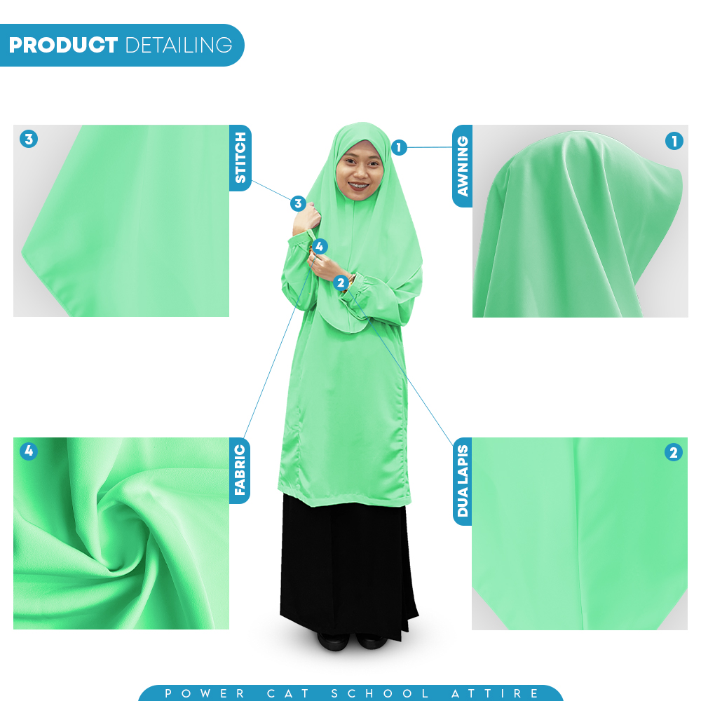 POWER CAT Tudung Sekolah Hijau Muda 2Lapis Licin | Size S-2XL | Green Koshibo School Uniform Tudung