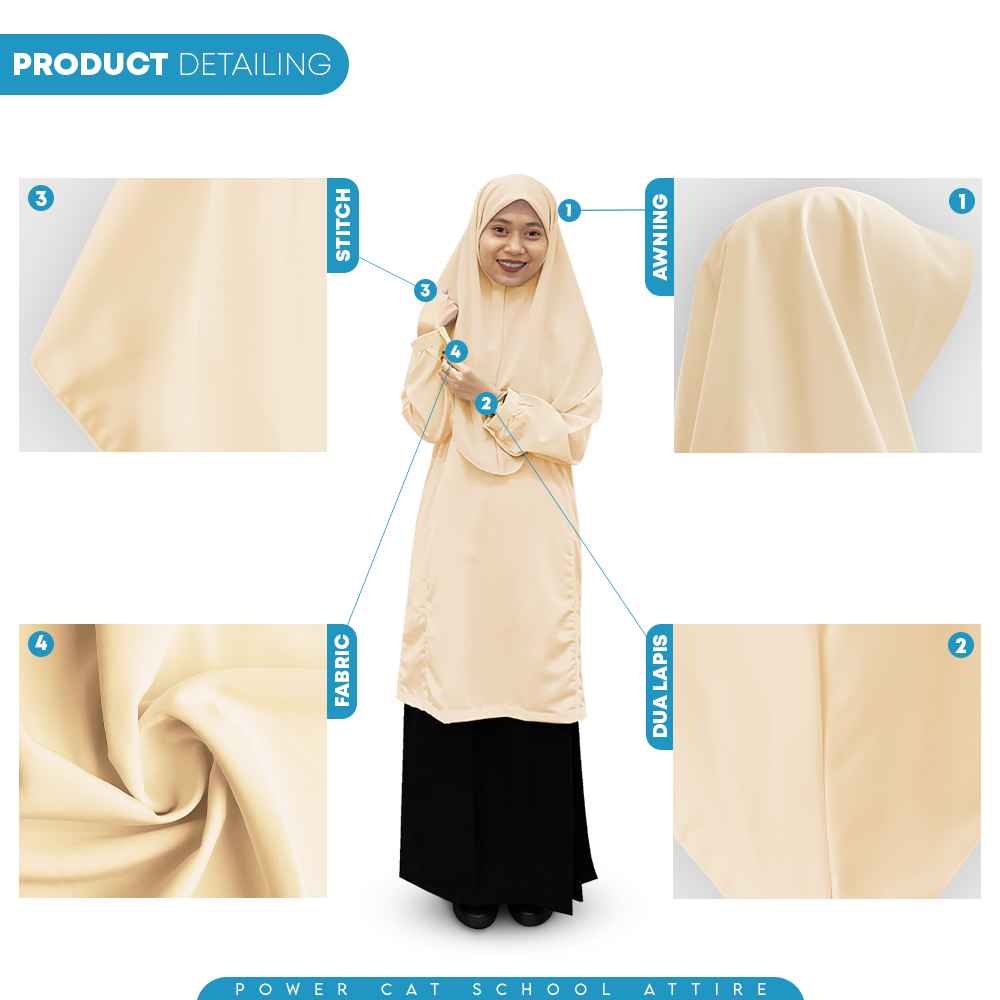 POWER CAT Tudung Sekolah Kuning Air 2Lapis Licin  | Size S-2XL | Beige Koshibo School Uniform Tudung