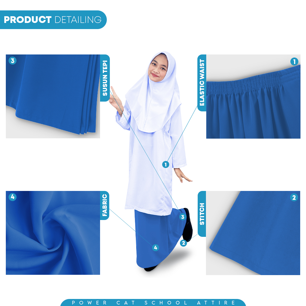 POWER CAT Kain Kurung Sekolah Menengah Biru Licin Susun Tepi | Size XS-5XL | Blue School Uniform Koshibo Kurung Skirt SMK - Image 5