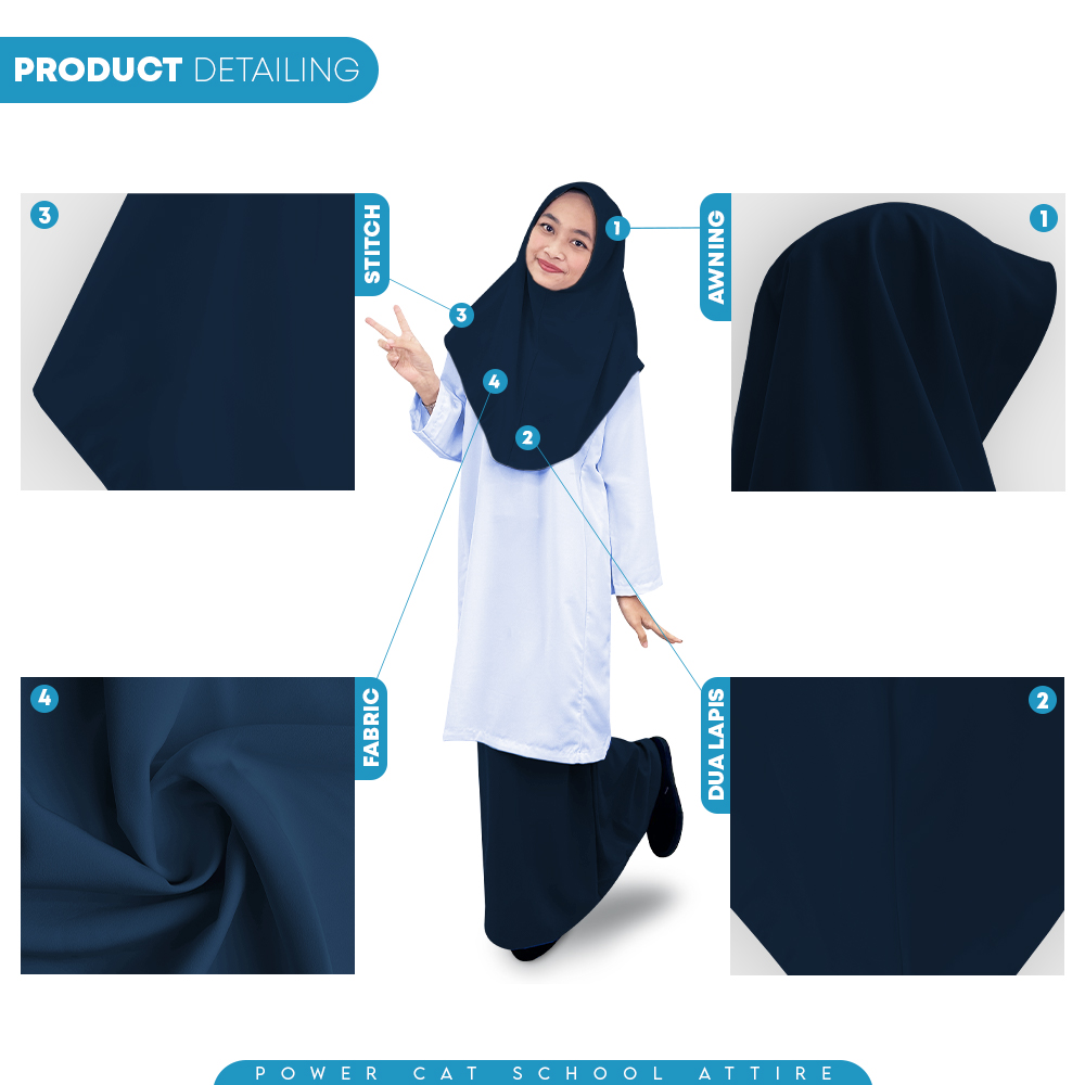 POWER CAT Tudung Sekolah Biru Gelap 2Lapis Licin  | Size S-2XL | Navy Blue Koshibo School Uniform Tudung