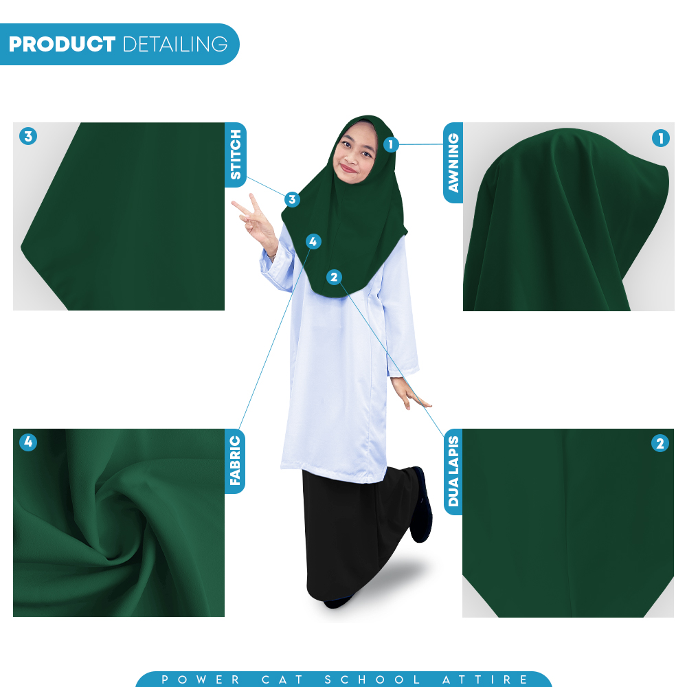 POWER CAT Tudung Sekolah Hijau Tua 2Lapis Licin | Size S-2XL | Emerald Green Koshibo School Uniform Tudung
