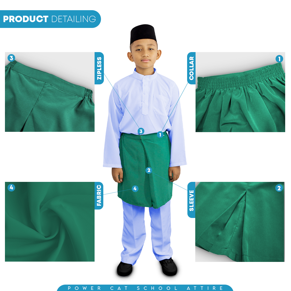 POWER CAT Sampin Koshibo Hijau Sekolah Agama | Size S-4XL | Green School Uniform Sampin Koshibo