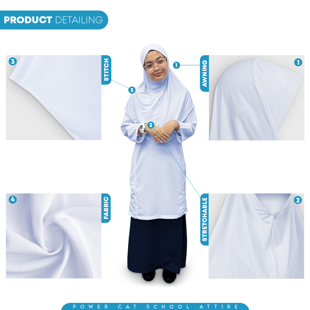 POWER CAT Tudung Putih Nila Sekolah Selapis Lycra | Size XS-L | School Uniform Tudung