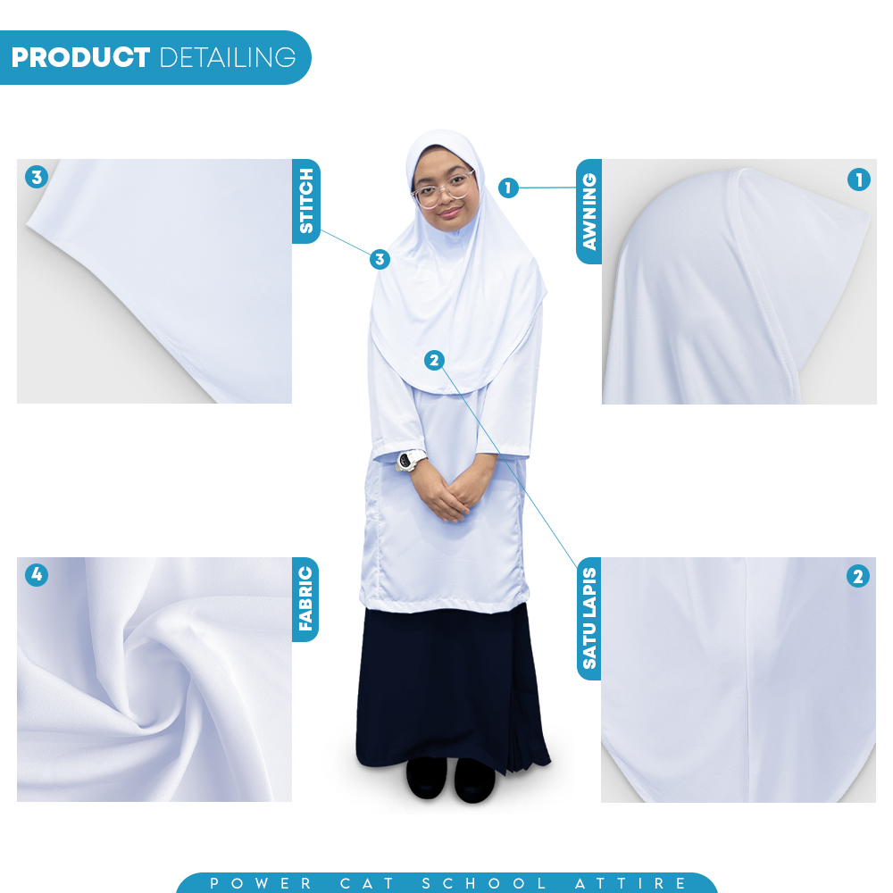 POWER CAT Tudung Sekolah Putih Nila Selapis Owning Lembut | Size XS-L | White Nila School Uniform Tudung