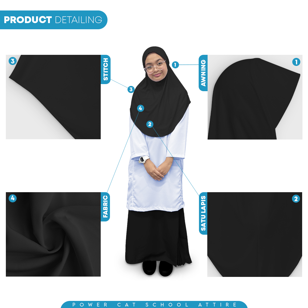 POWER CAT Tudung Sekolah Hitam Selapis Owning Lembut | Size XS-L | Black Colour School Uniform Tudung One Layer