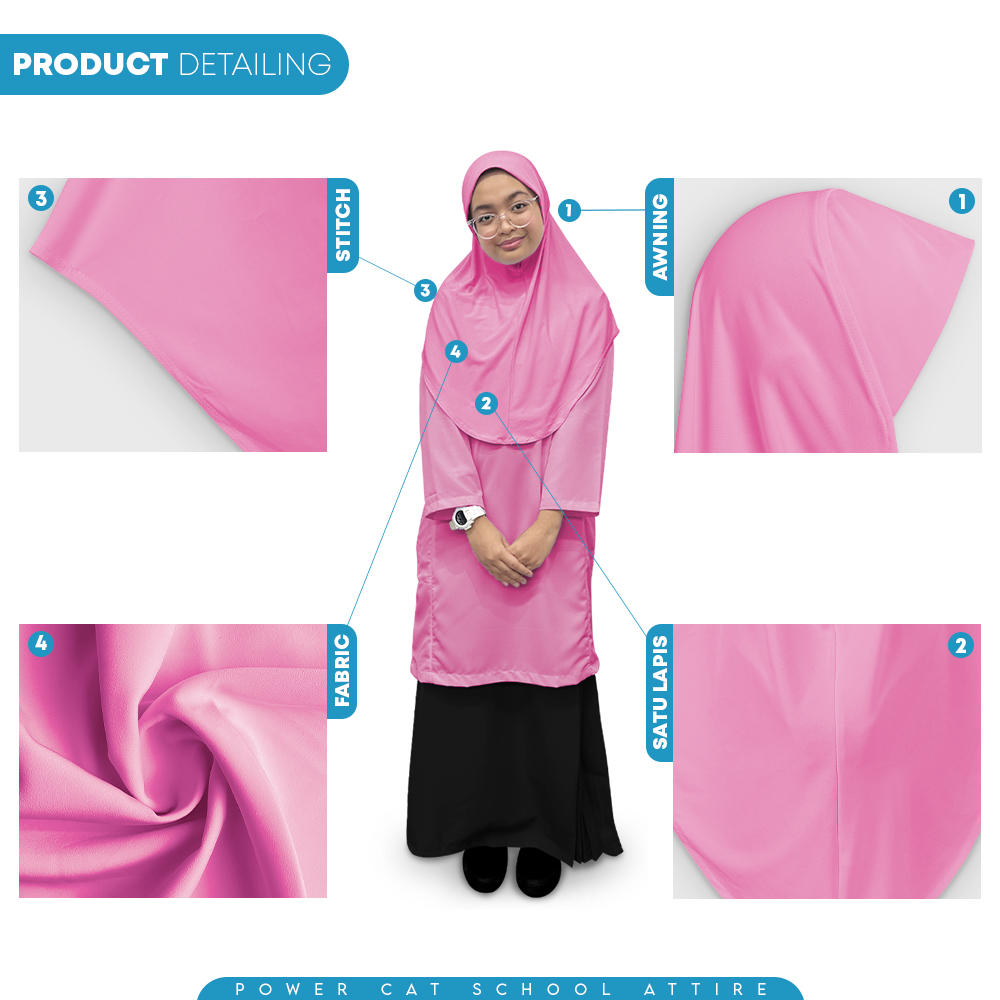 POWER CAT Tudung Sekolah Merah Jambu Selapis Owning Lembut | Size XS-L | Pink Colour School Uniform Tudung One Layer